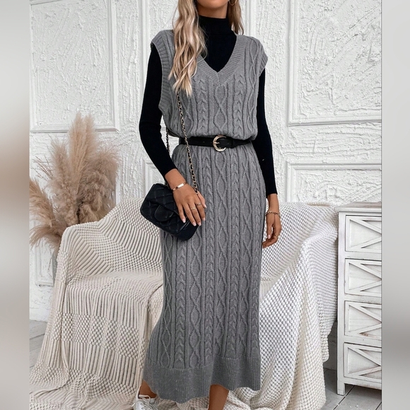 1pc Cable Knit Sweater Dress Without Belt